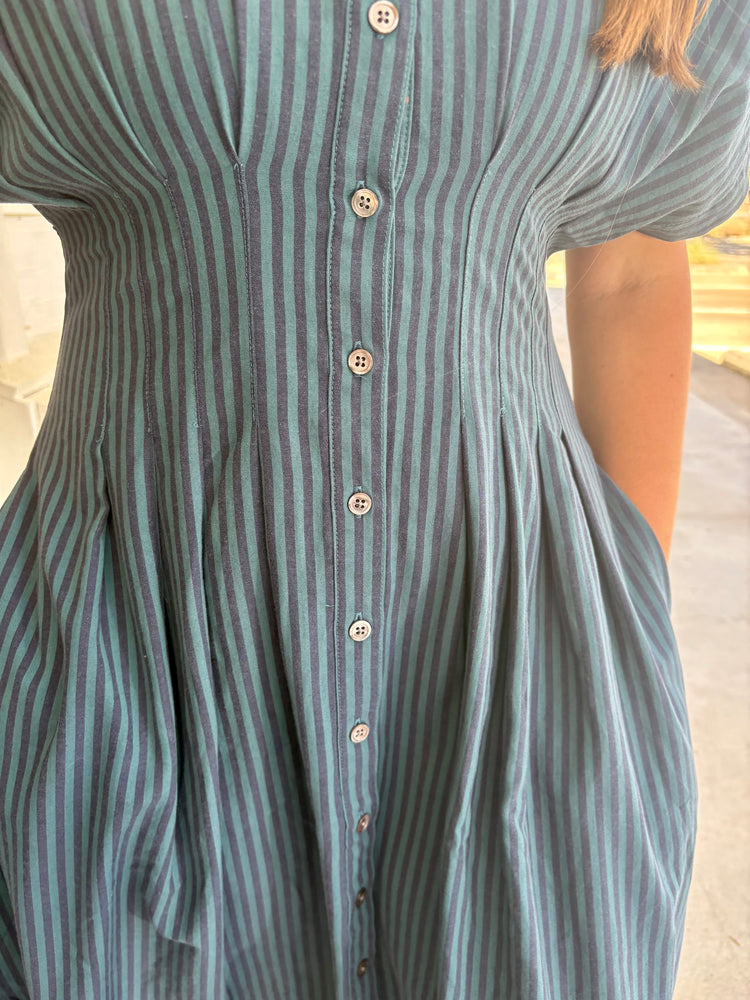 Deep Teal Stripe Plisse Dress