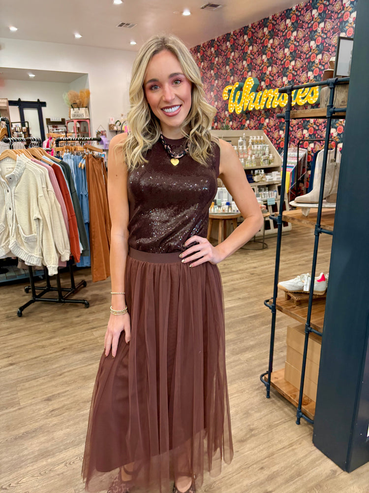 Mocha Moves Tulle Midi Skirt