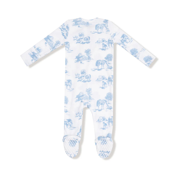 Farm Toile Blue Zipper Footie