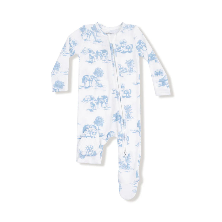 Farm Toile Blue Zipper Footie