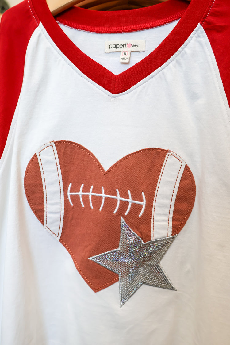 Football Heart Sequin Star Applique Tee