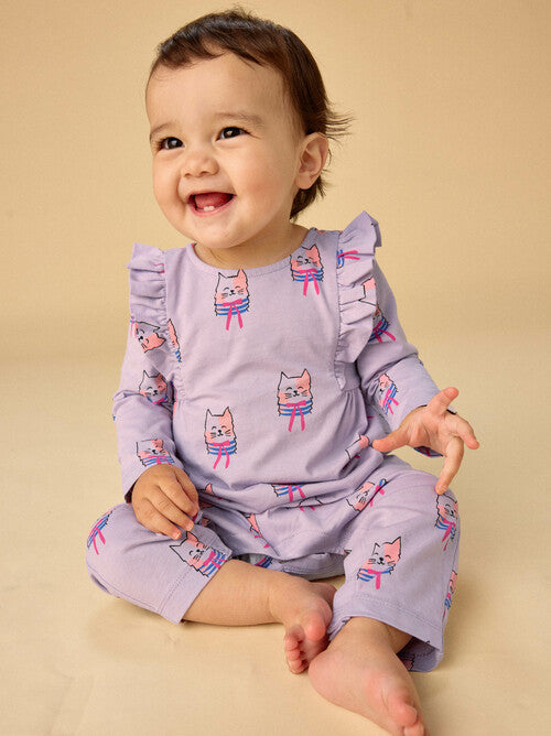 Bowtie Cats Ruffle Shoulder Baby Romper