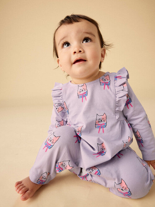 Bowtie Cats Ruffle Shoulder Baby Romper