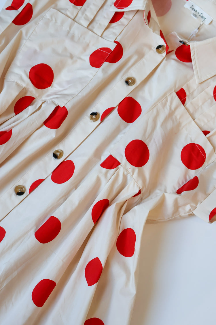Dotted Darling Button Down Pleated Poplin Mini Dress