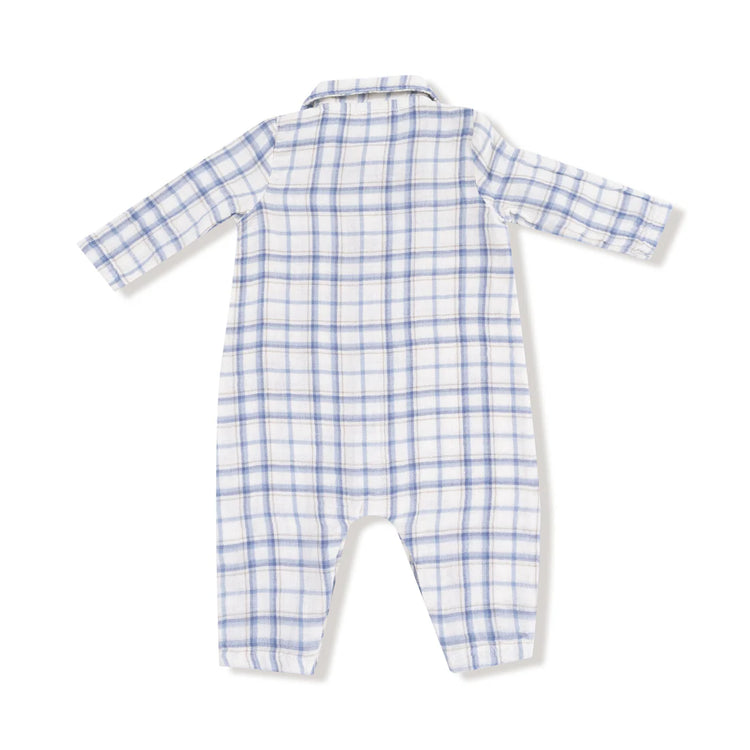 Blue Plaid LS Polo Romper w/Full Placket