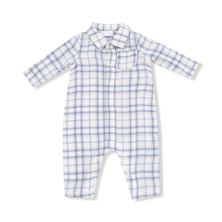 Blue Plaid LS Polo Romper w/Full Placket