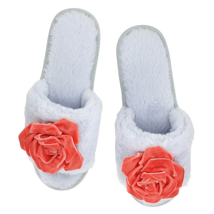 Plush Velvet Rosette Slippers-Blue+Coral