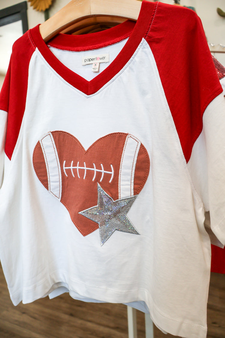 Football Heart Sequin Star Applique Tee