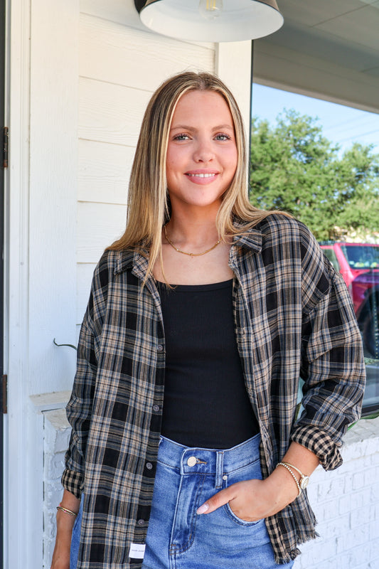 Midnight Lecture Plaid Adrianna Button-Up Shirt
