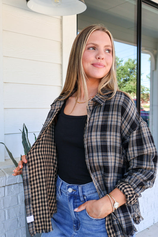 Midnight Lecture Plaid Adrianna Button-Up Shirt
