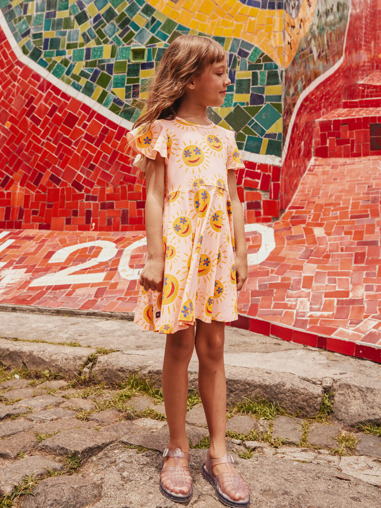 Smiley Sun Flutter Sleeve Twirl Dress