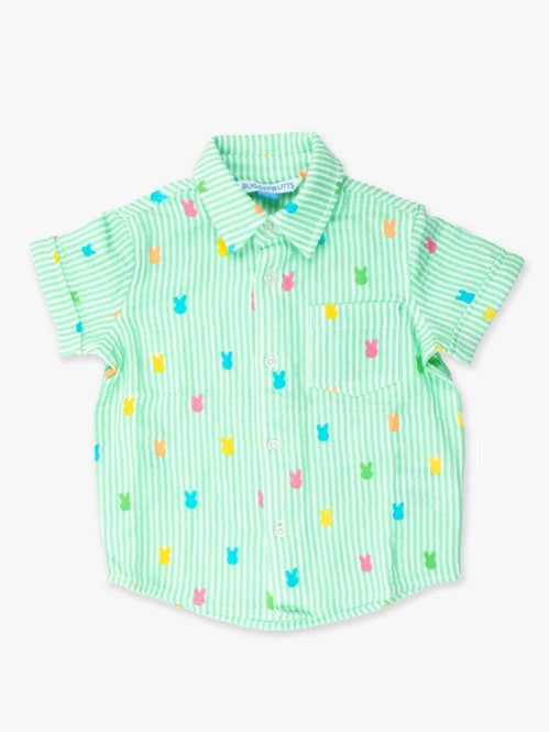 Green Bunny Stripe Gauze S/S Button Down Shirt