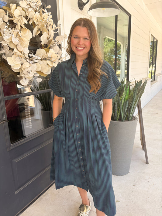 Deep Teal Stripe Plisse Dress
