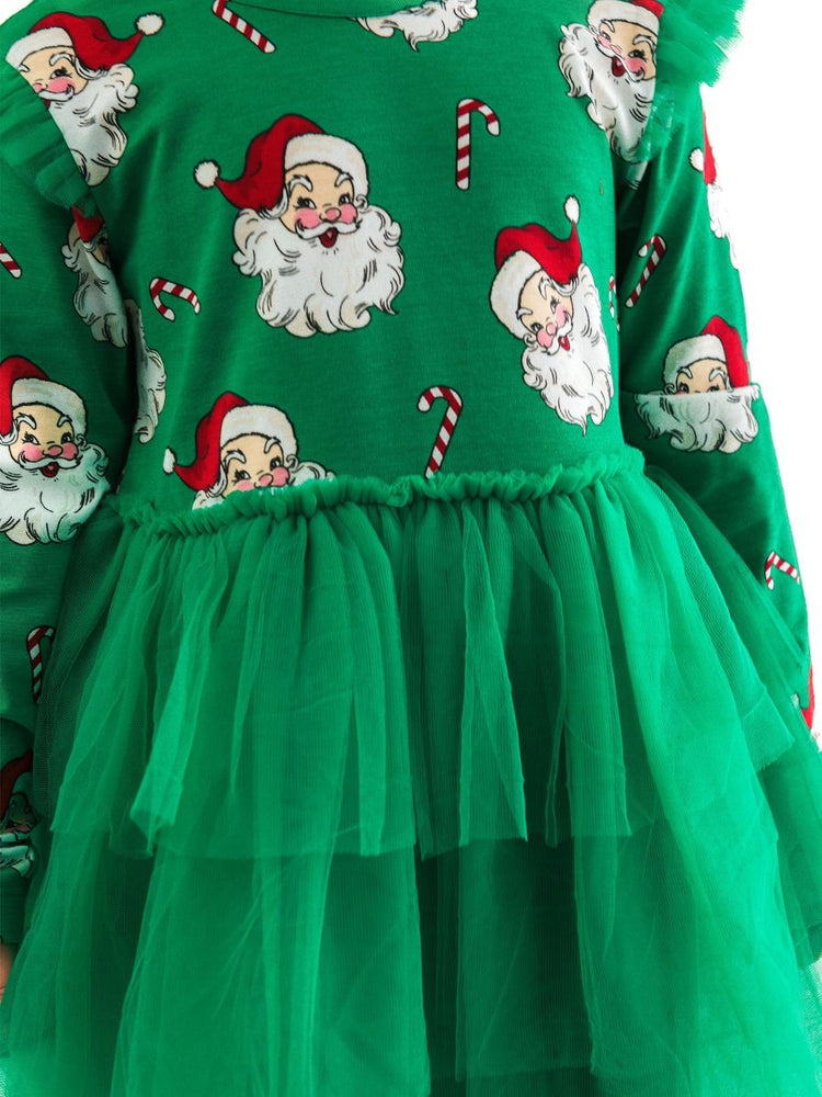 Green Santa Joy Flutter Tulle LS Twirl Dress