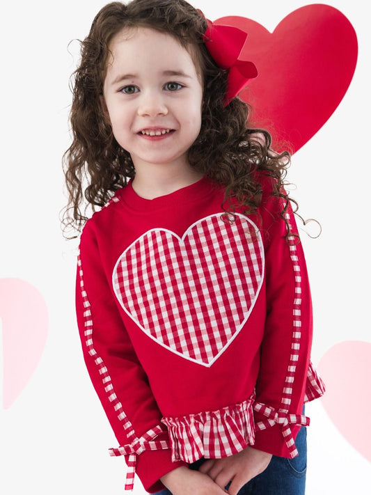 Heart Red Gingham Applique Ruffle Bow Sweatshirt