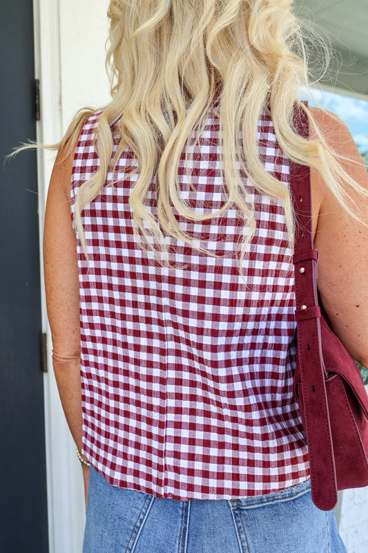 Celeste Burgundy Gingham Seersucker Top