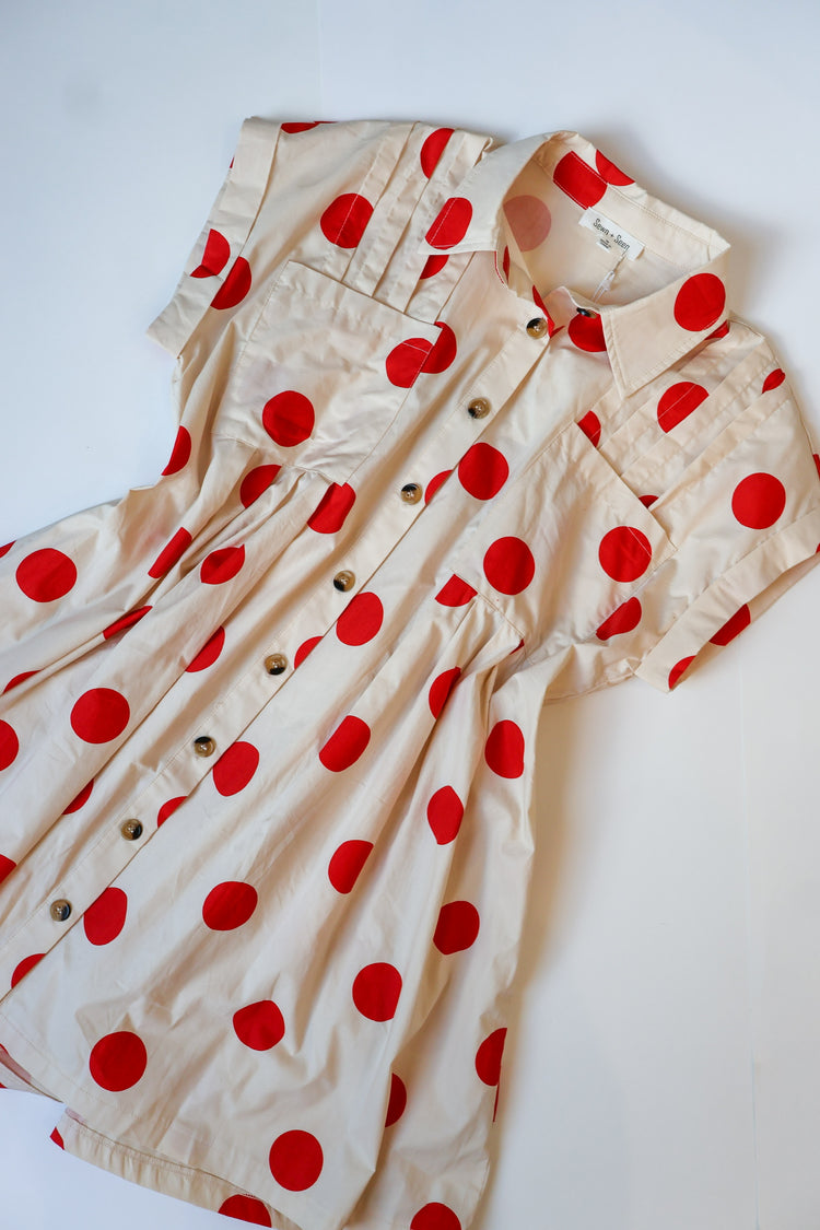 Dotted Darling Button Down Pleated Poplin Mini Dress