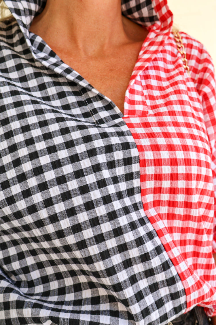 Sloan Red/Blk Gingham Seersucker Top