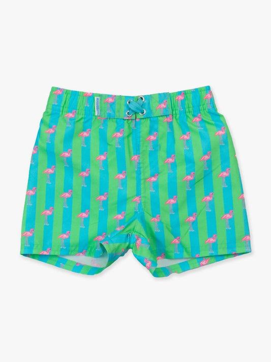 Neon Flamingo Stripe Swim Trunks