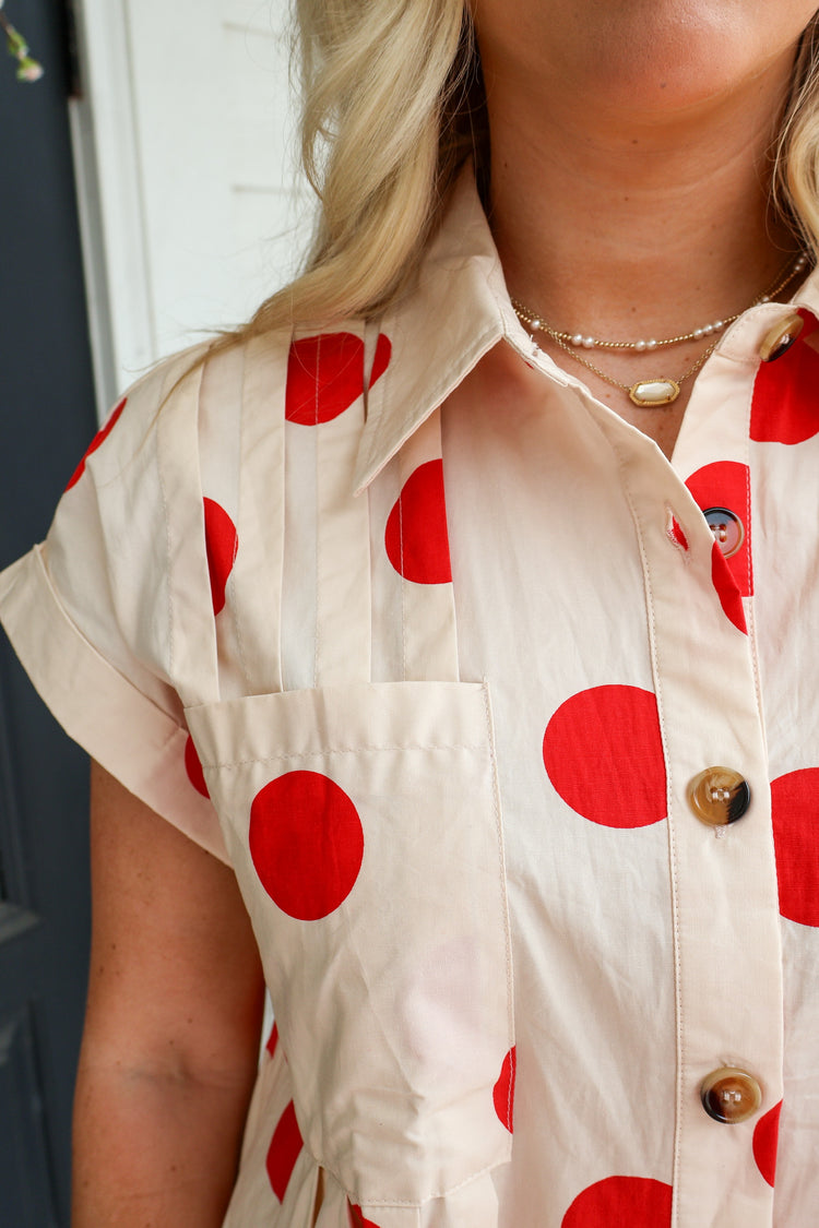 Dotted Darling Button Down Pleated Poplin Mini Dress