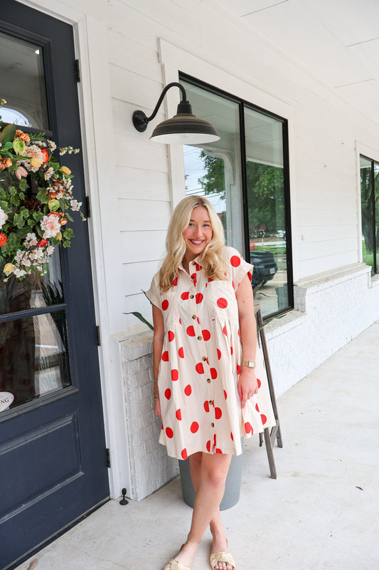 Dotted Darling Button Down Pleated Poplin Mini Dress