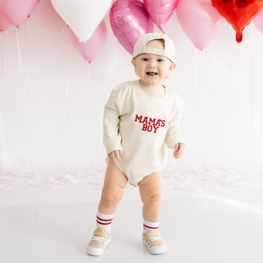 Mama's Boy Patch Valentine's Day Long Sleeve Romper