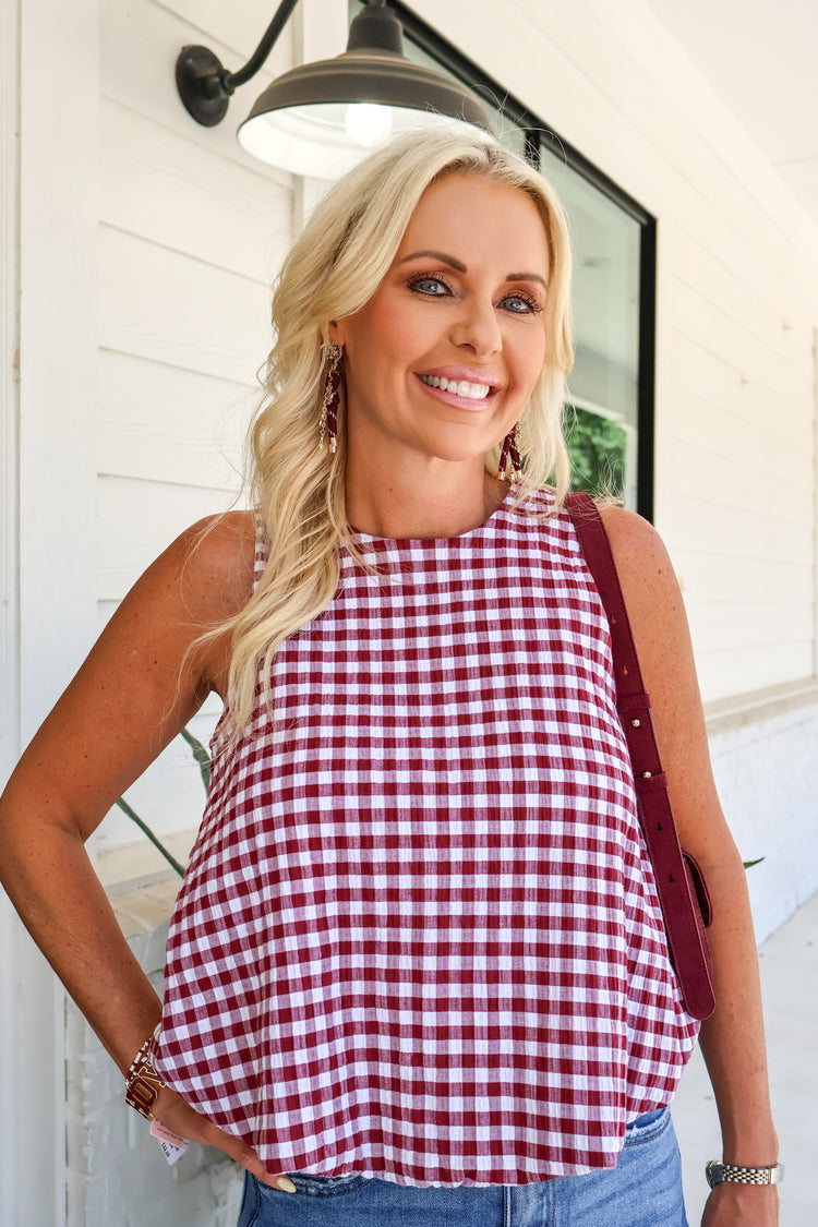 Celeste Burgundy Gingham Seersucker Top