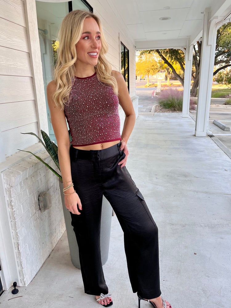 Esmeralda Black Satin Cargo Pants