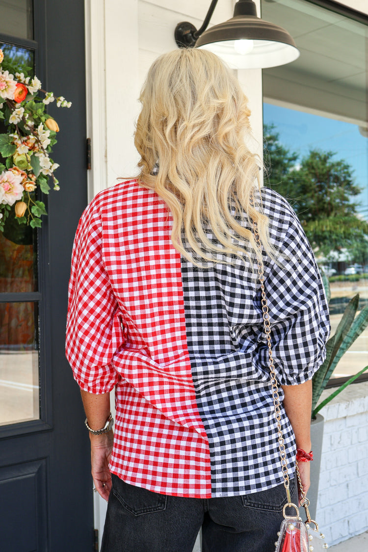 Sloan Red/Blk Gingham Seersucker Top