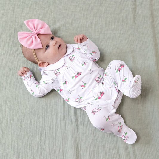 Baby Golf Carts Pink Smocked LS Romper