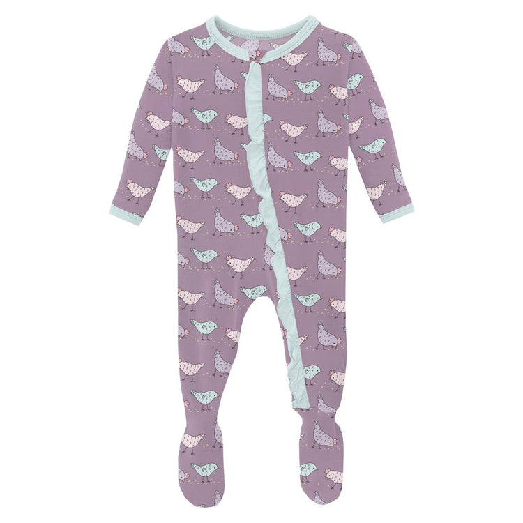 Lavendar Chickens Ruffle Footie w/ 2-Way Zipper