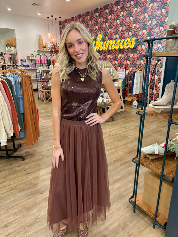 Mocha Moves Tulle Midi Skirt