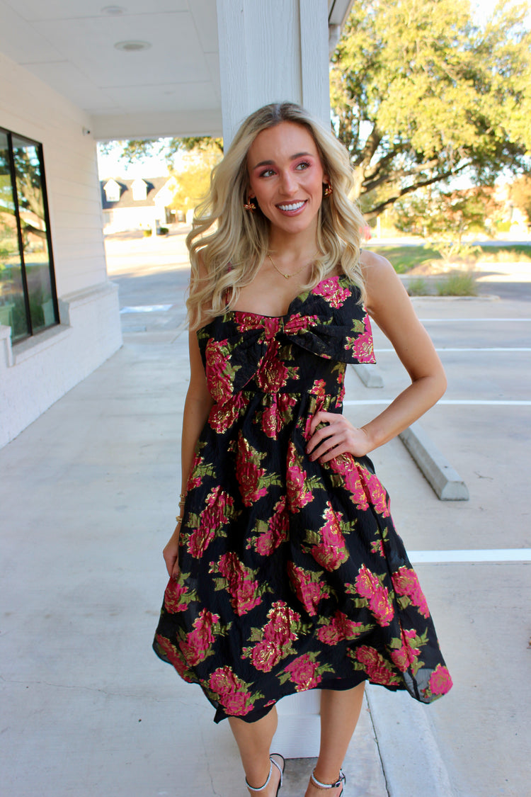 Scarlet Blossom Noir Bow Midi Dress