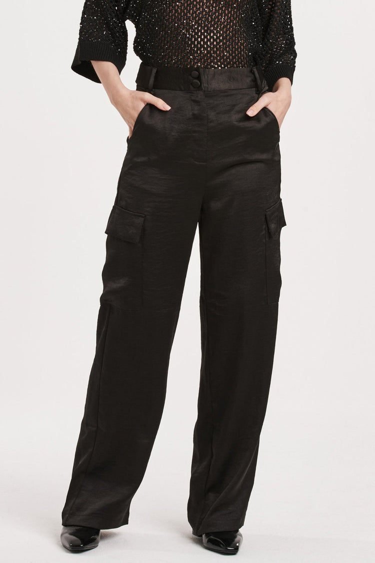 Esmeralda Black Satin Cargo Pants