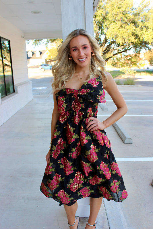 Scarlet Blossom Noir Bow Midi Dress