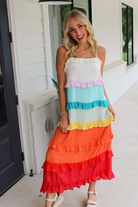 Taste The Rainbow Sleeveless Ruffle Midi Dress