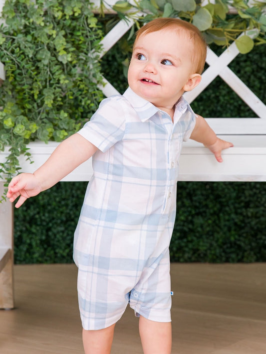 Light Blue Windowpane Button-Up Romper