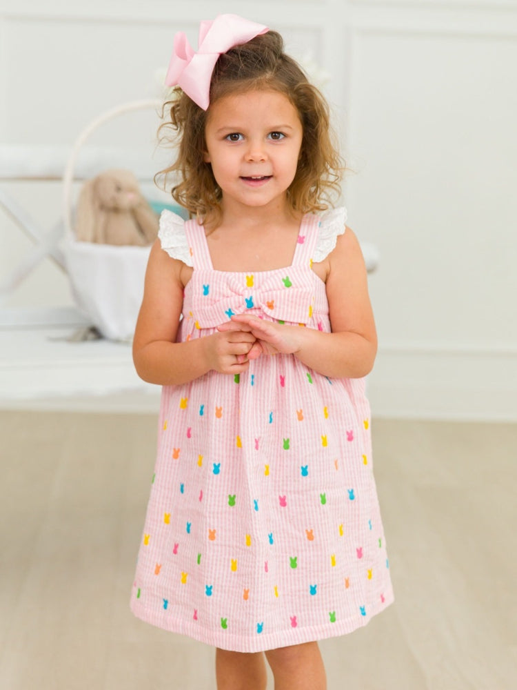 Pink Bunny Stripe Gauze Flutter Bow Dress