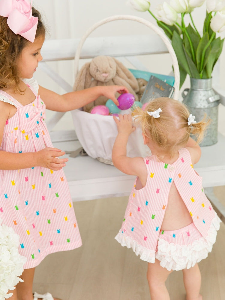 Pink Bunny Stripe Gauze Flutter Bow Dress