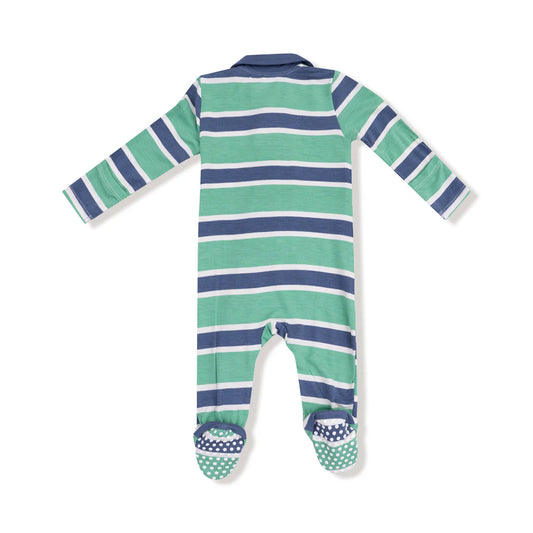 Rugby Stripe Green & Navy Polo Zipper Footie