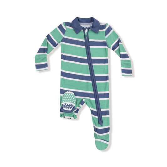 Rugby Stripe Green & Navy Polo Zipper Footie