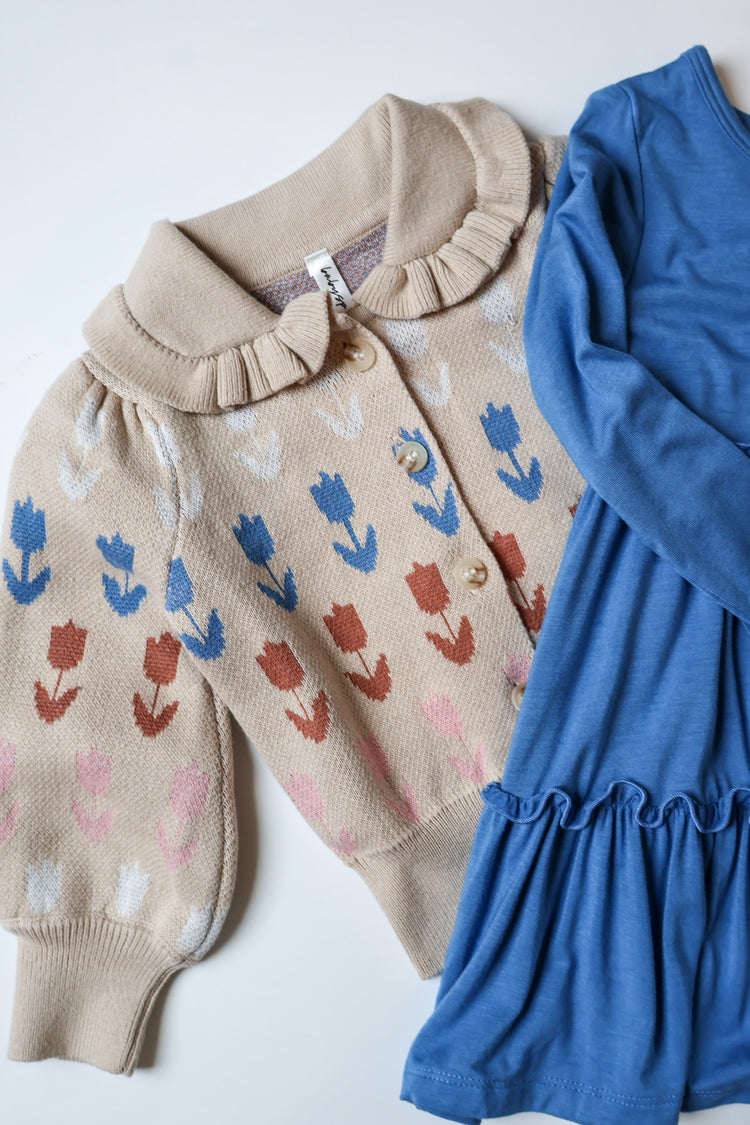 Beige Tulip Intarsia Floral Knit Cardigan