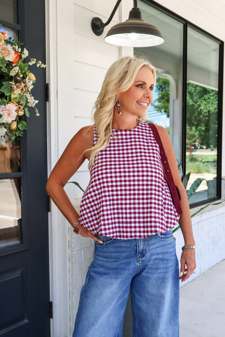 Celeste Burgundy Gingham Seersucker Top