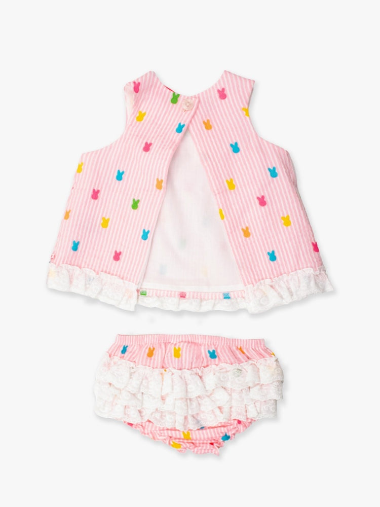 Pink Bunny Stripe Gauze Swing Top & Bloomer Set