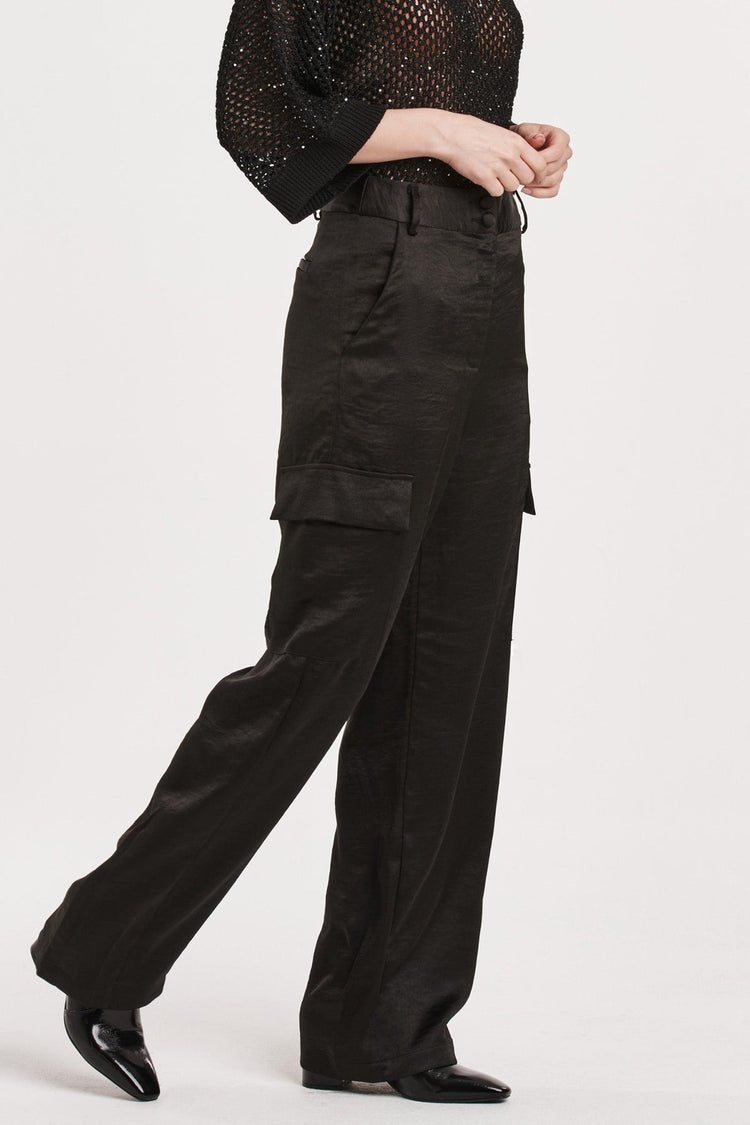 Esmeralda Black Satin Cargo Pants