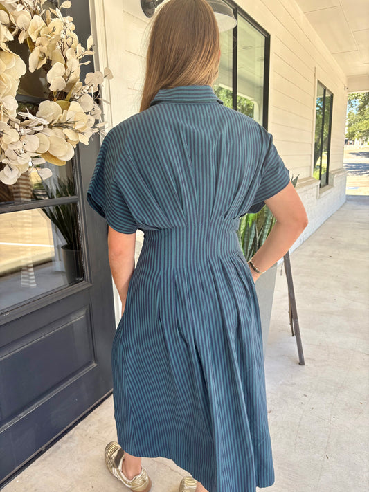 Deep Teal Stripe Plisse Dress
