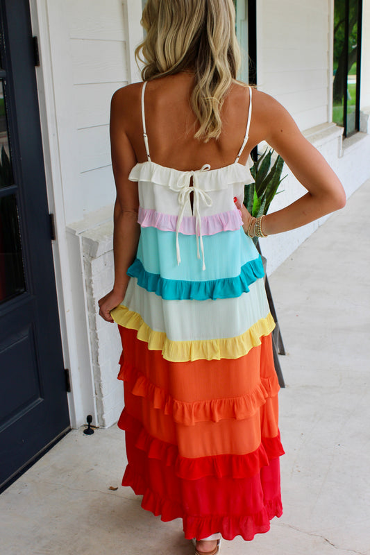 Taste The Rainbow Sleeveless Ruffle Midi Dress