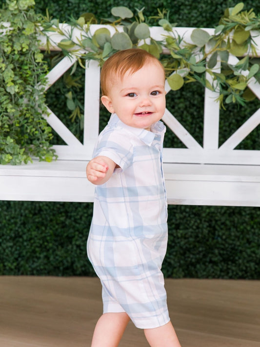 Light Blue Windowpane Button-Up Romper