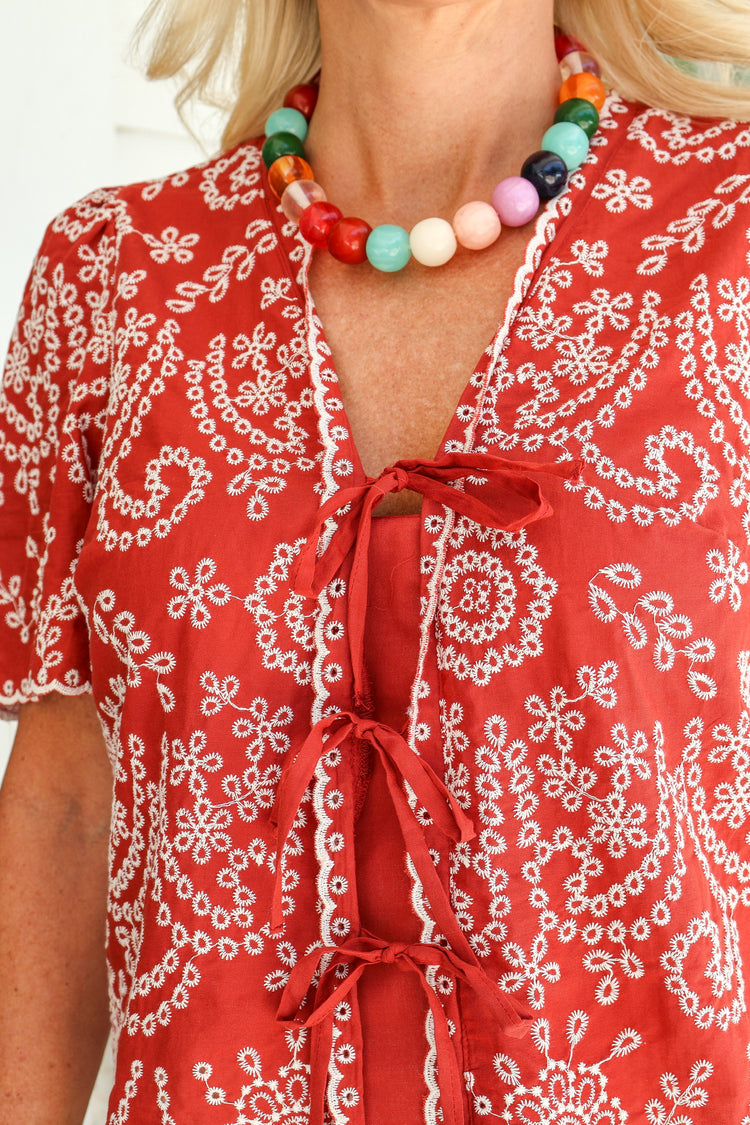 Cielo Burnt Brick Embroidered Top