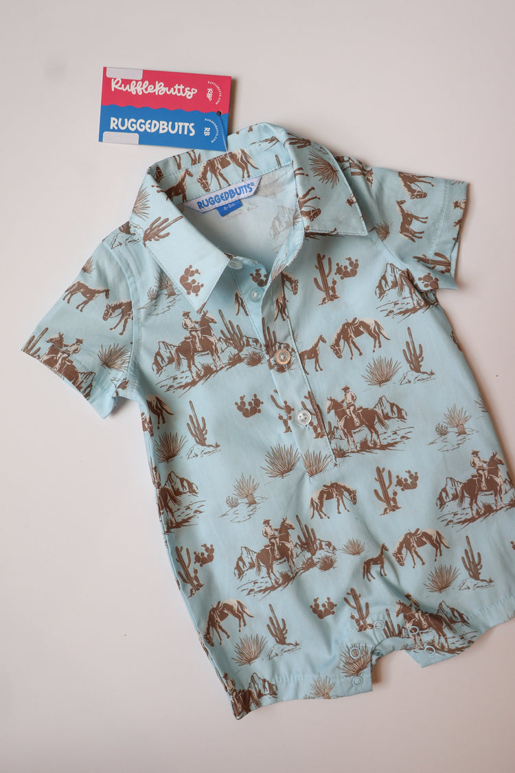 Blue Trail Toile Woven Short Sleeve Button-Up Romper